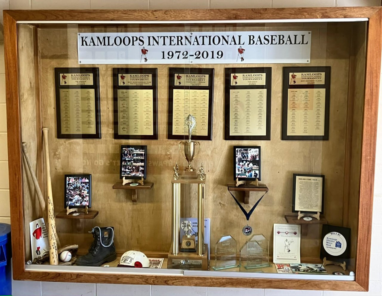 The completed KIBT trophy case, installed and ready for its first trophies.